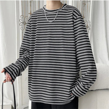 AIDASE  -  Spring Autumn Striped T-Shirts Men Round Neck Long Sleeve Loose Casual Tshirt Male Streetwear Tees Fashion Tops Plus Size aidase-shop